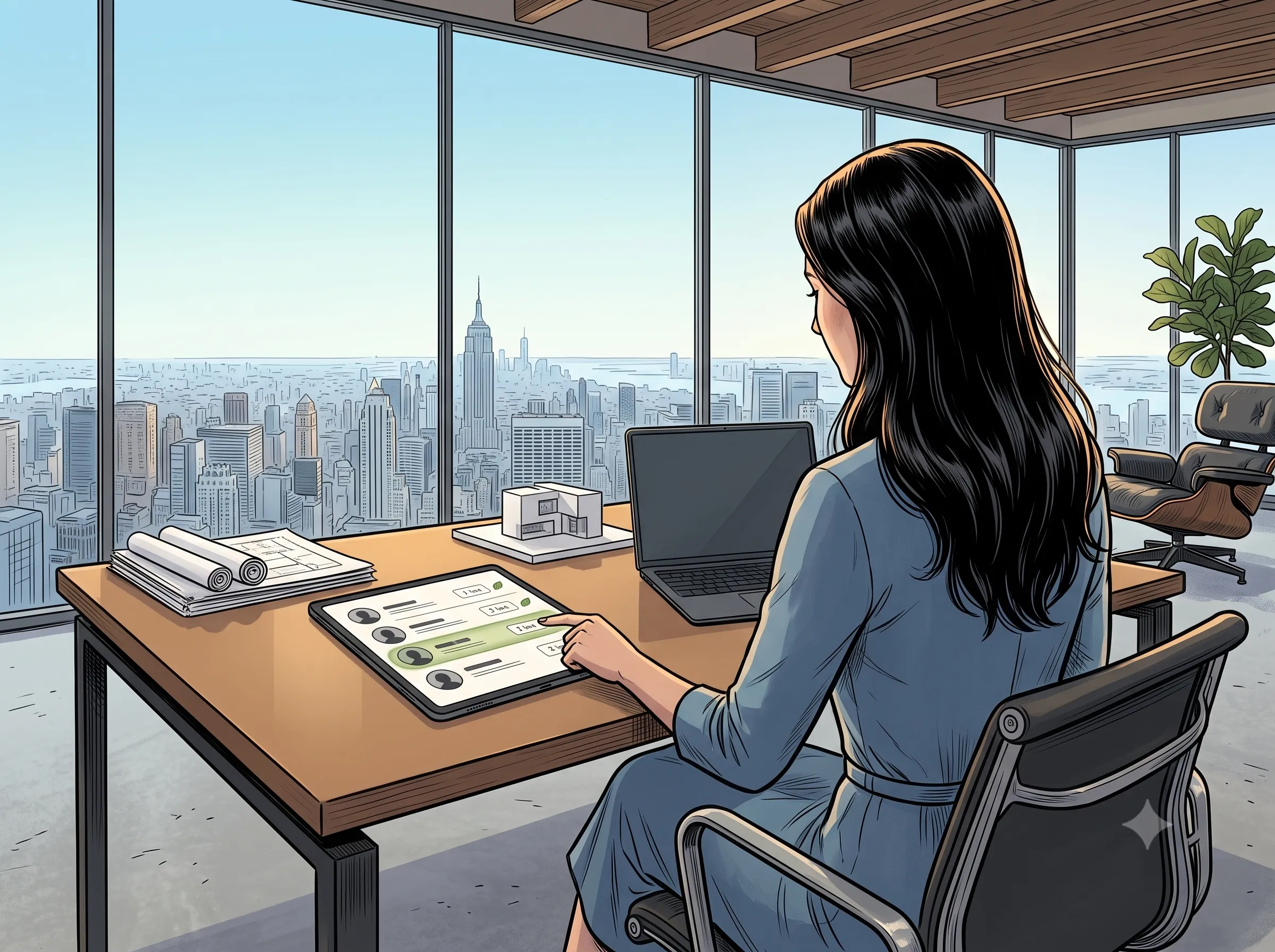 Nadja im Besprechungsraum, das Team um sie herum — auf dem Tablet die Team-Buchung mit vier Namen.