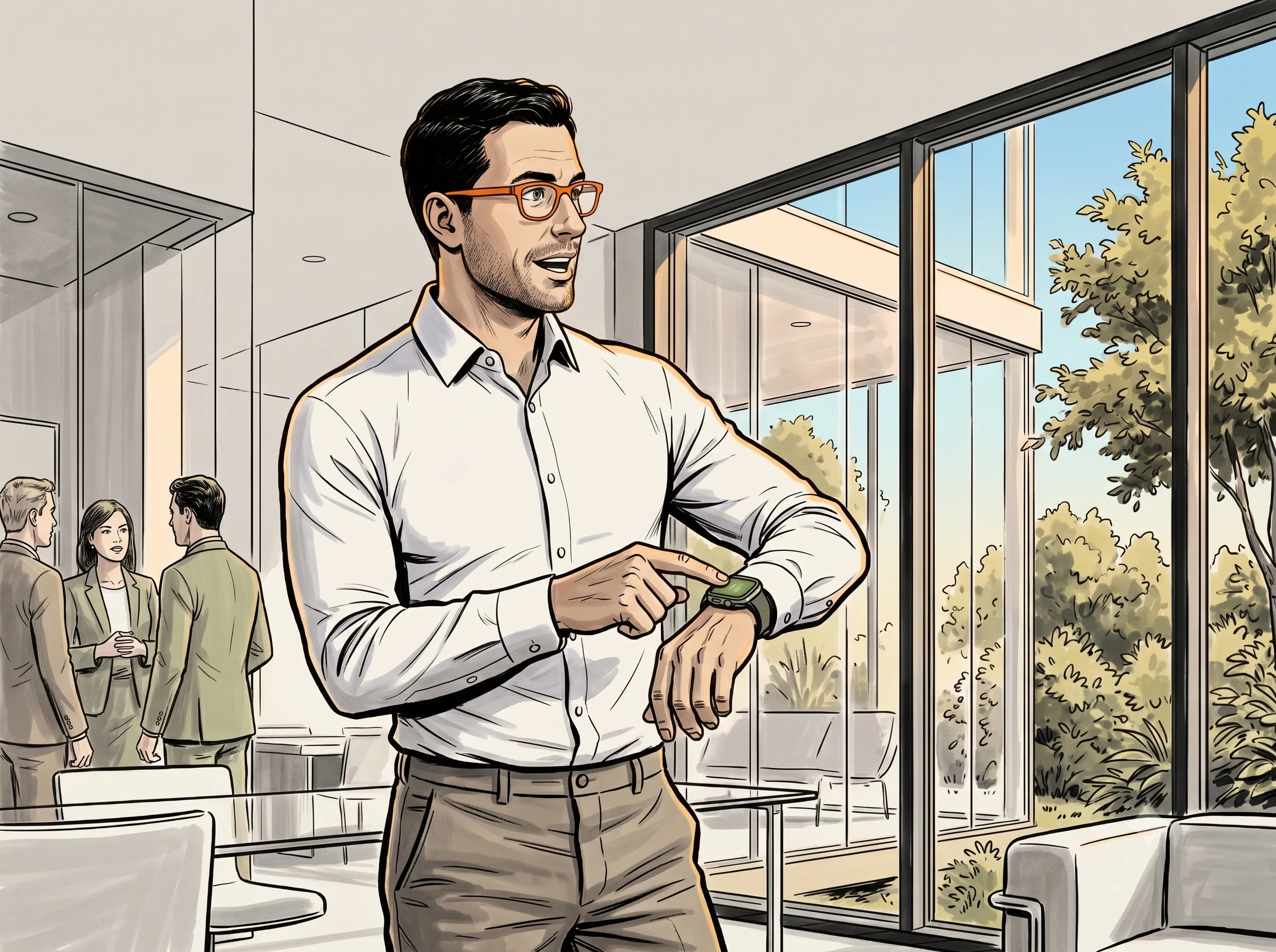 Dr. Behrens mit Blaze-Orange-Brille steht in seinem verglasten Büro, gestikuliert und tippt mit dem Zeigefinger auf seine Apple Watch.